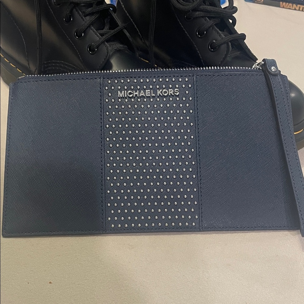 Michael Kors Navy Studded Zip Wristlet Clutch